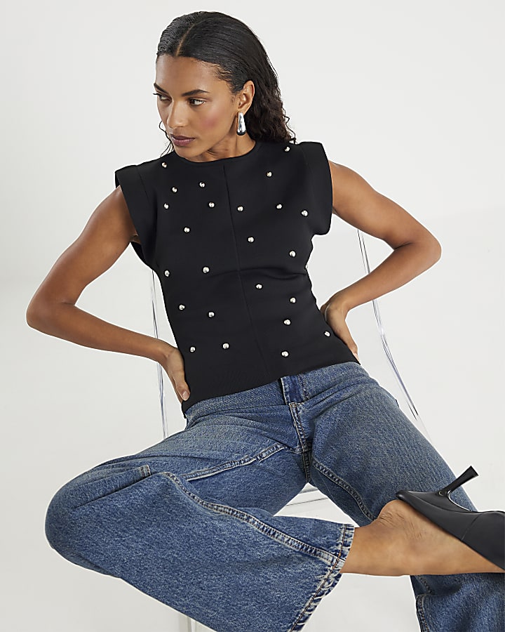 Black Knit Sleeveless Studded Fitted Top