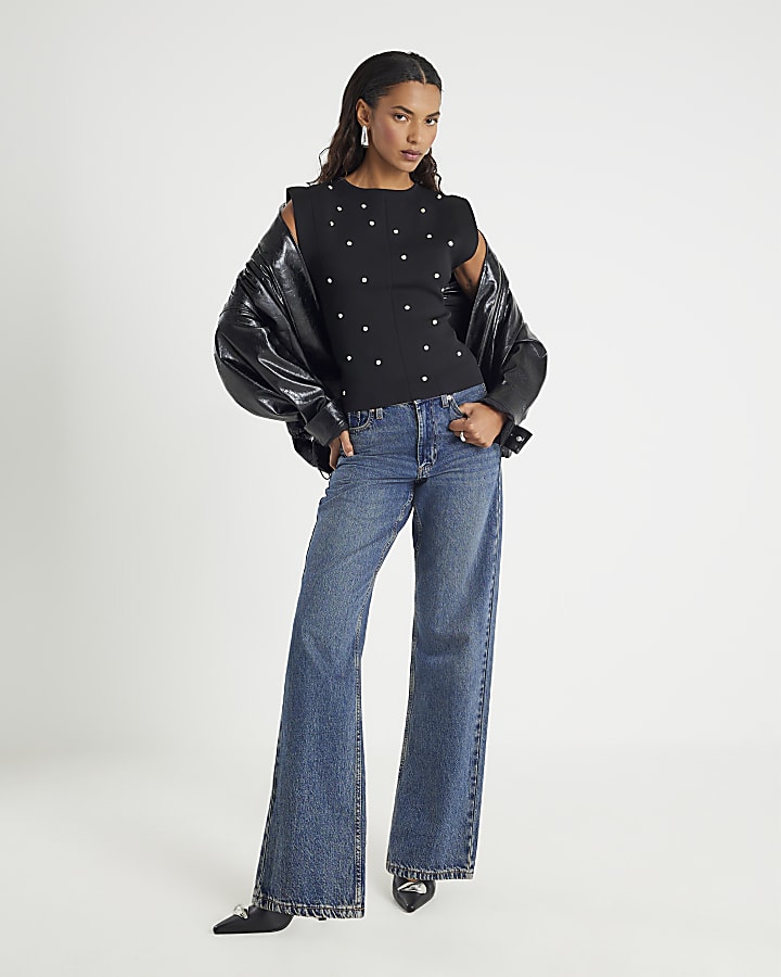 Black Knit Sleeveless Studded Fitted Top
