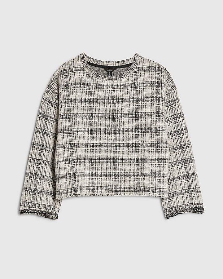 Petite Grey Boucle Check Print Top