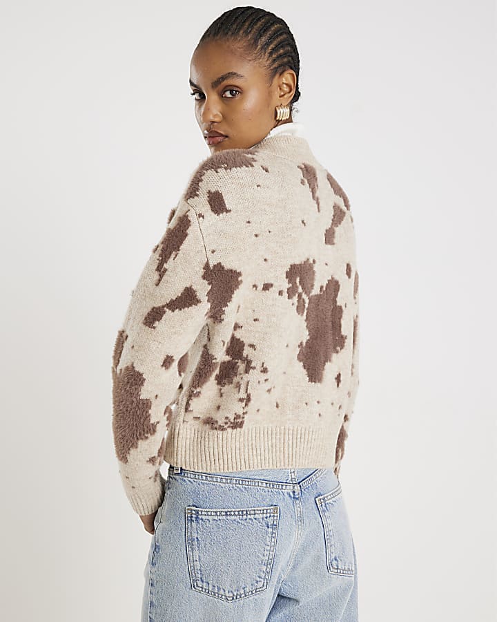 Cream Knitted Cow Print Cardigan