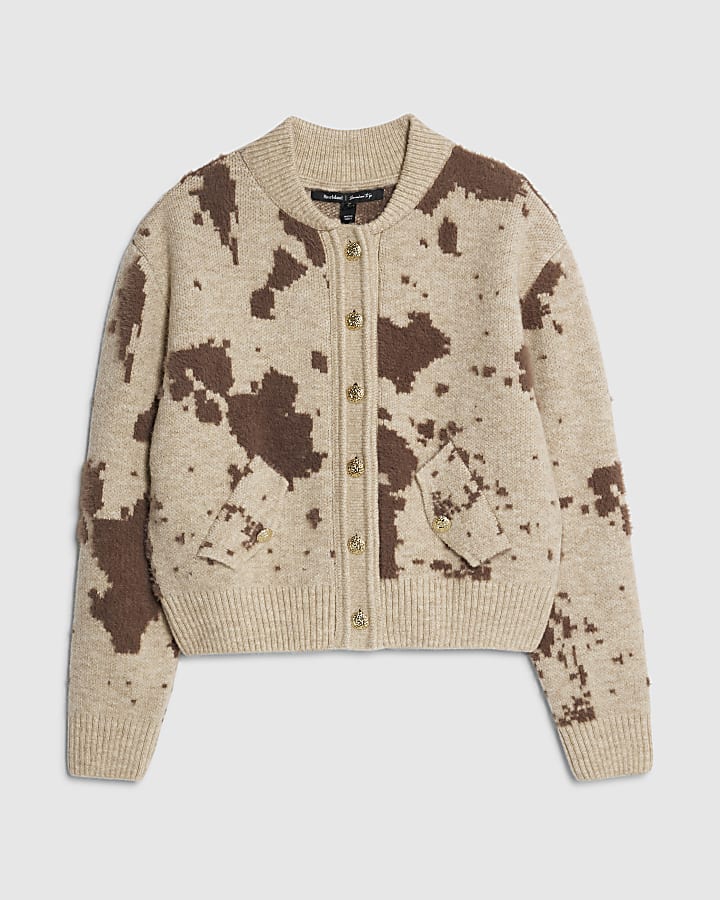 Cream Knitted Cow Print Cardigan
