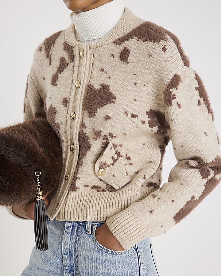 Cream Knitted Cow Print Cardigan