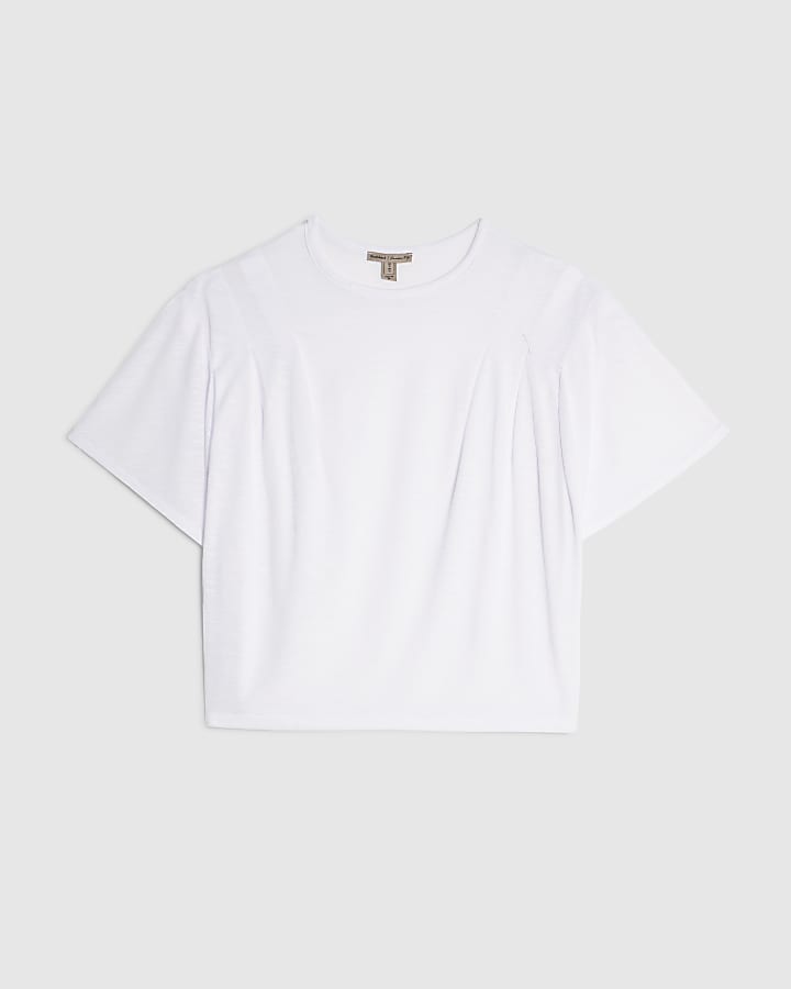 White Short Sleeve Shoulder Pleat Tee