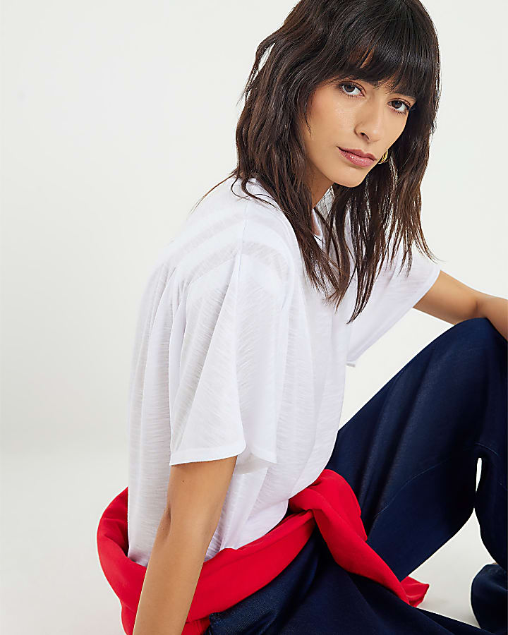 White Short Sleeve Shoulder Pleat Tee