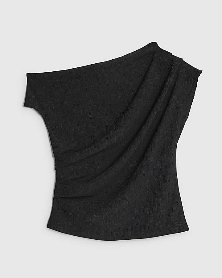 Black Textured Short Sleeve Off Shoulder Top