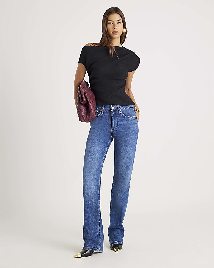 Black Textured Short Sleeve Off Shoulder Top