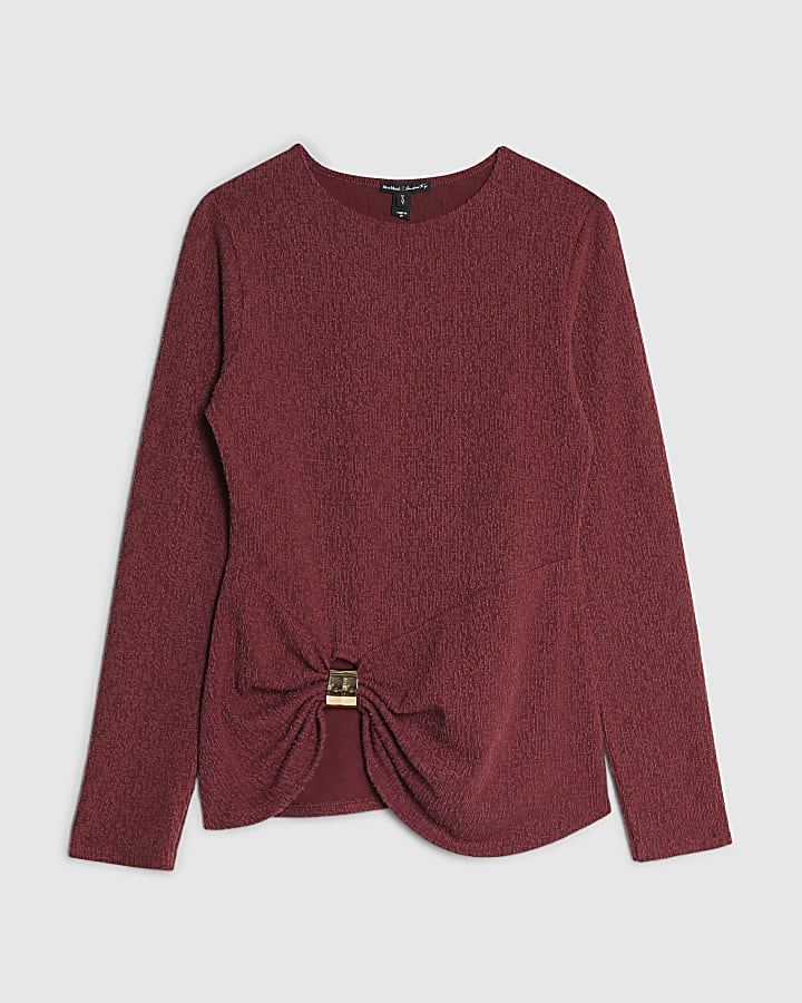 Red Long Sleeve Textured Gold Detail Top