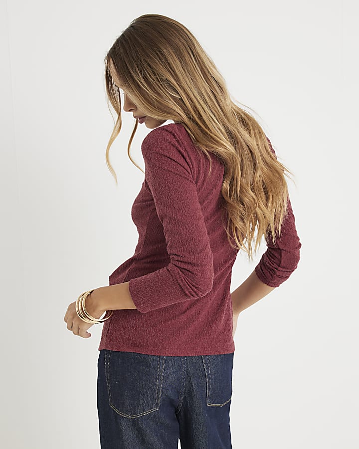 Red Long Sleeve Textured Gold Detail Top