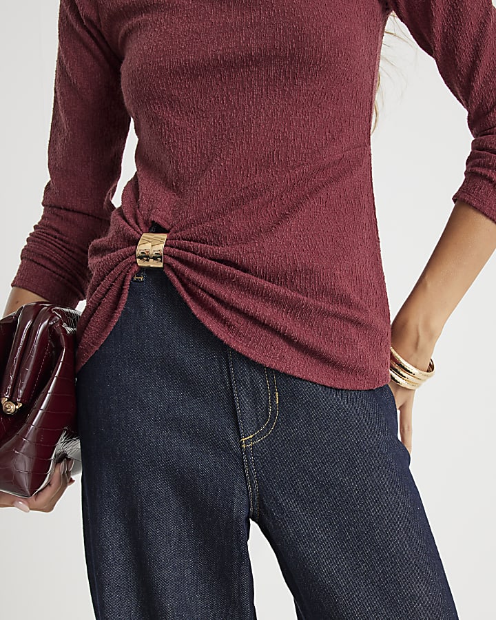 Red Long Sleeve Textured Gold Detail Top