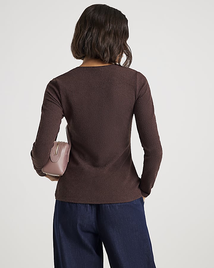 Brown Long Sleeve Textured Trim Hem Top