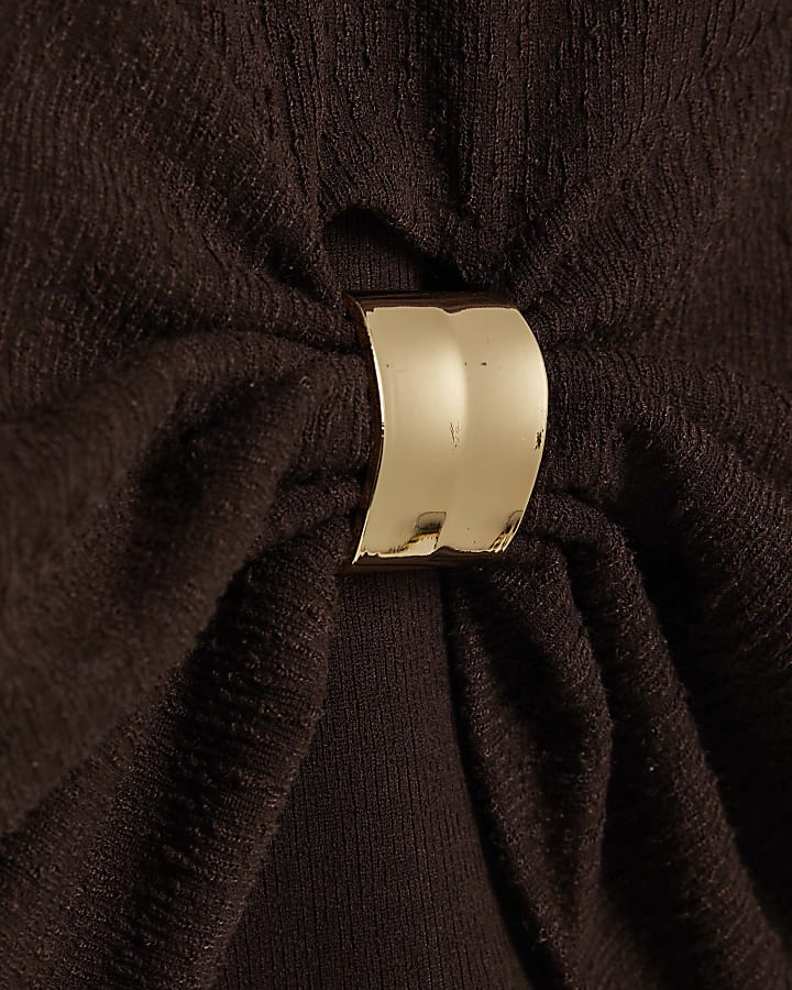 Brown Long Sleeve Textured Trim Hem Top