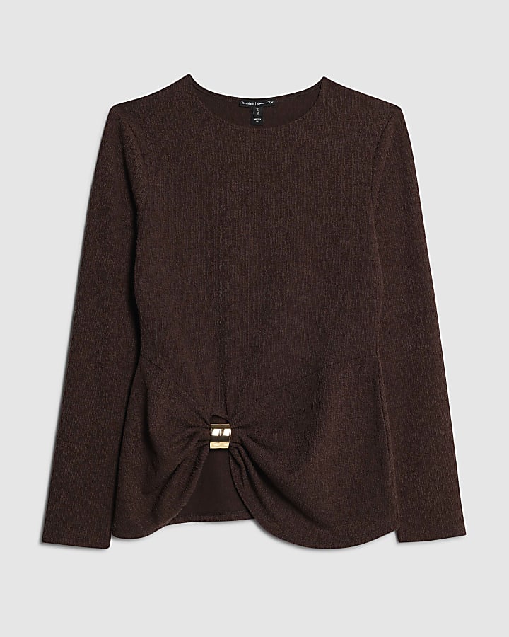 Brown Long Sleeve Textured Trim Hem Top