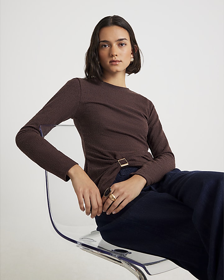 Brown Long Sleeve Textured Trim Hem Top