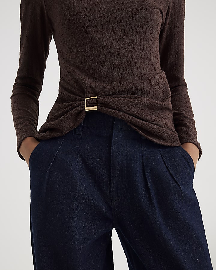 Brown Long Sleeve Textured Trim Hem Top