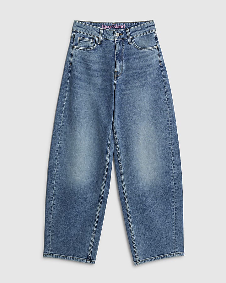 Blue Mid Rise Barrel Leg Jeans