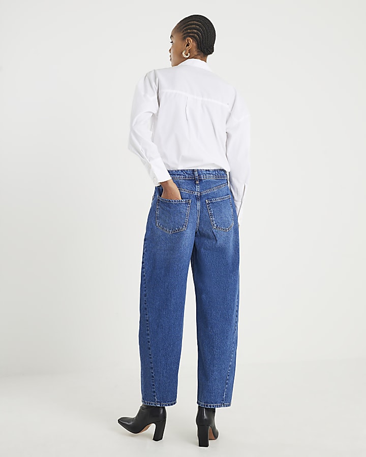 Blue Mid Rise Seamed Barrel Leg Jeans
