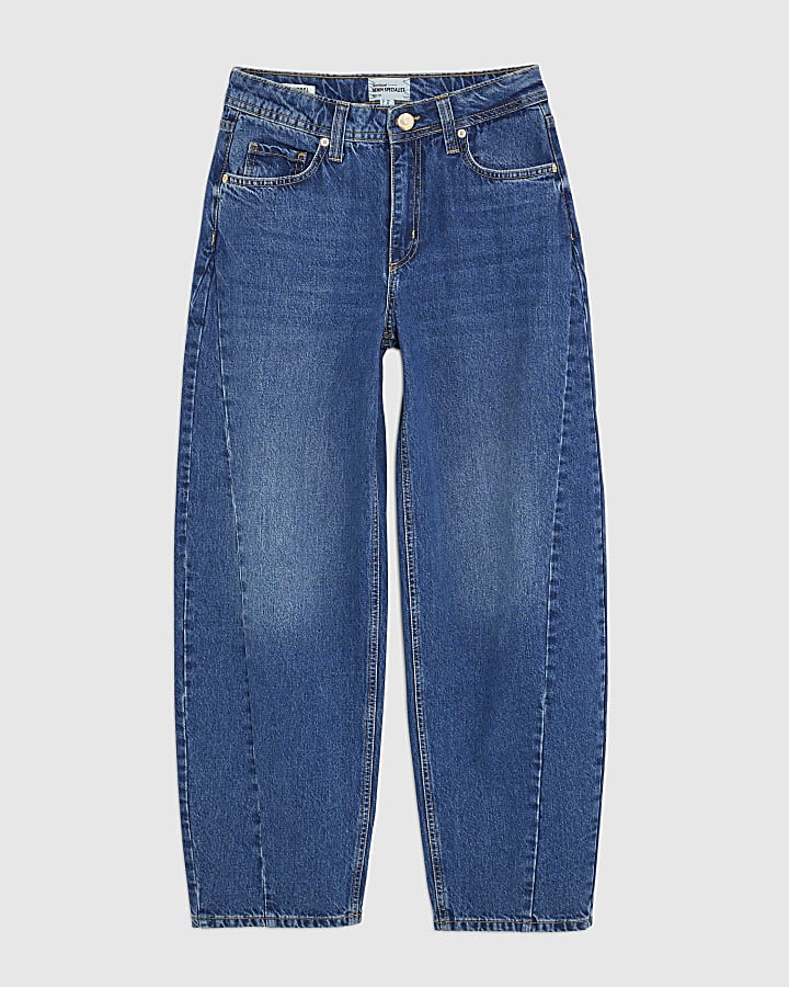 Blue Mid Rise Seamed Barrel Leg Jeans