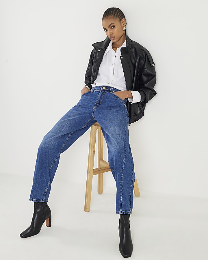 Blue Mid Rise Seamed Barrel Leg Jeans