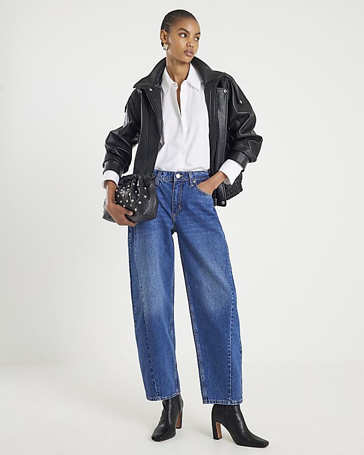 Blue Mid Rise Seamed Barrel Leg Jeans