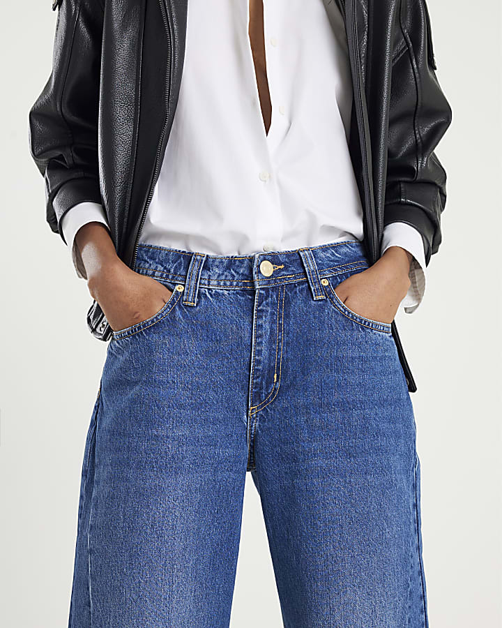 Blue Mid Rise Seamed Barrel Leg Jeans