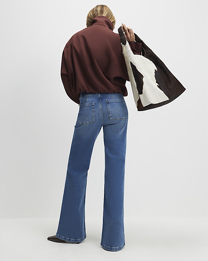 Blue Button Detail Pocket Front Flared Jeans