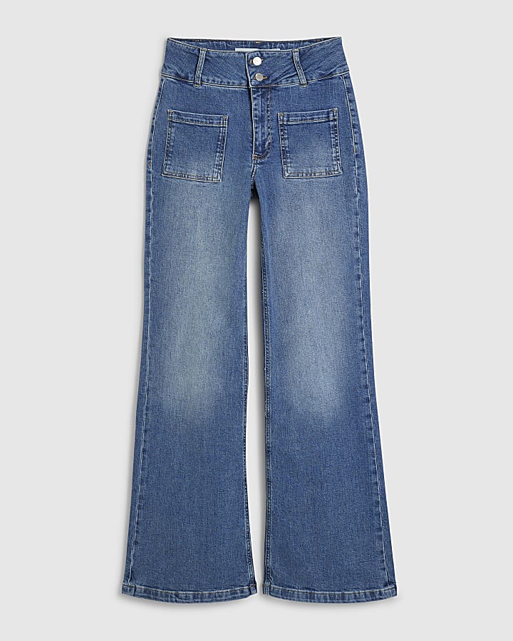 Blue Button Detail Pocket Front Flared Jeans