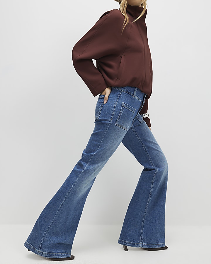Blue Button Detail Pocket Front Flared Jeans