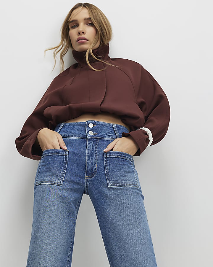 Blue Button Detail Pocket Front Flared Jeans