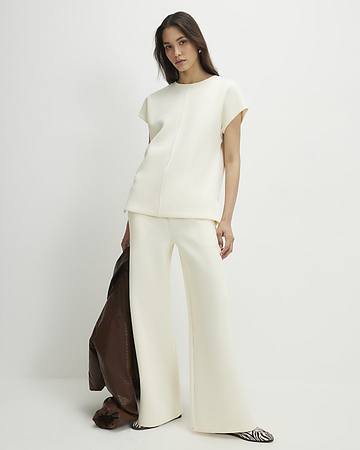 Cream Premium Twill Wide Leg Joggers