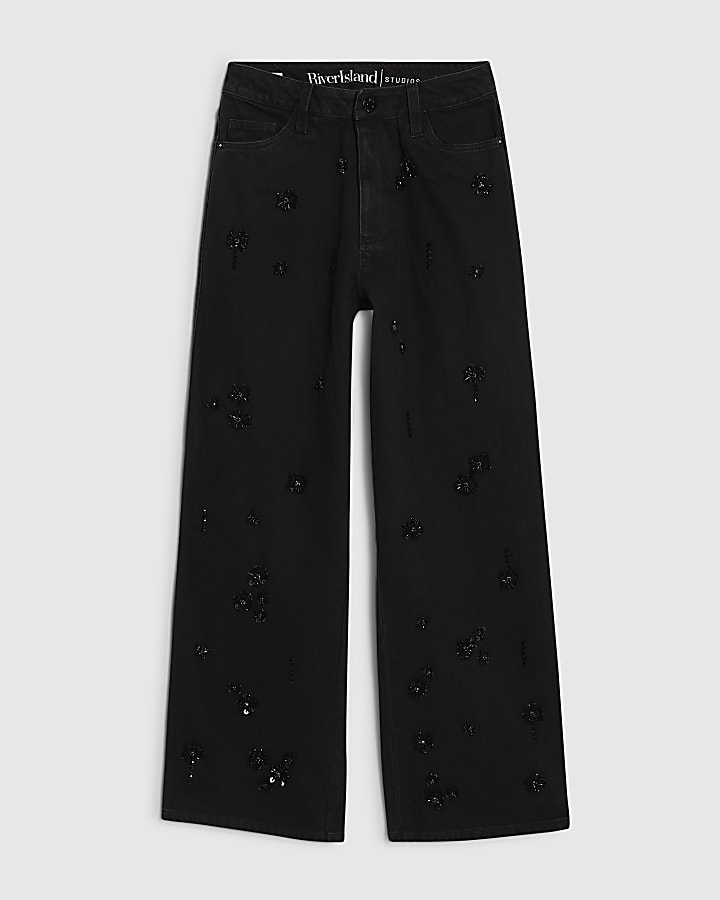 Petite Black Floral Embellished Jeans