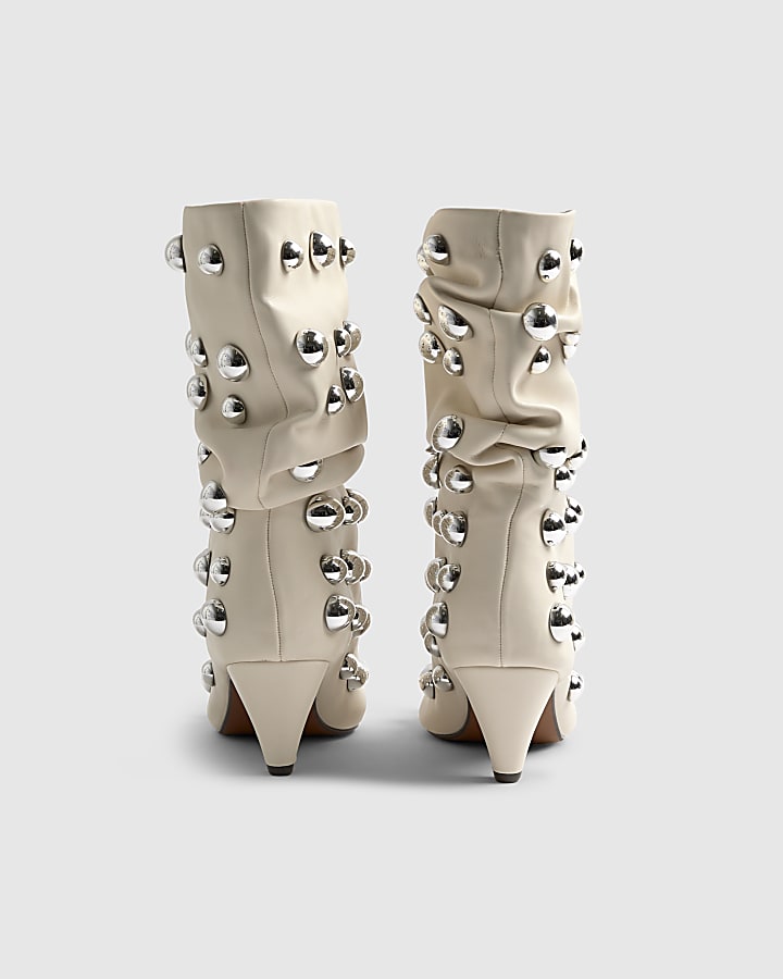 Cream Slouchy Studded Ankle Boots