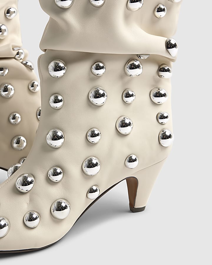 Cream Slouchy Studded Ankle Boots
