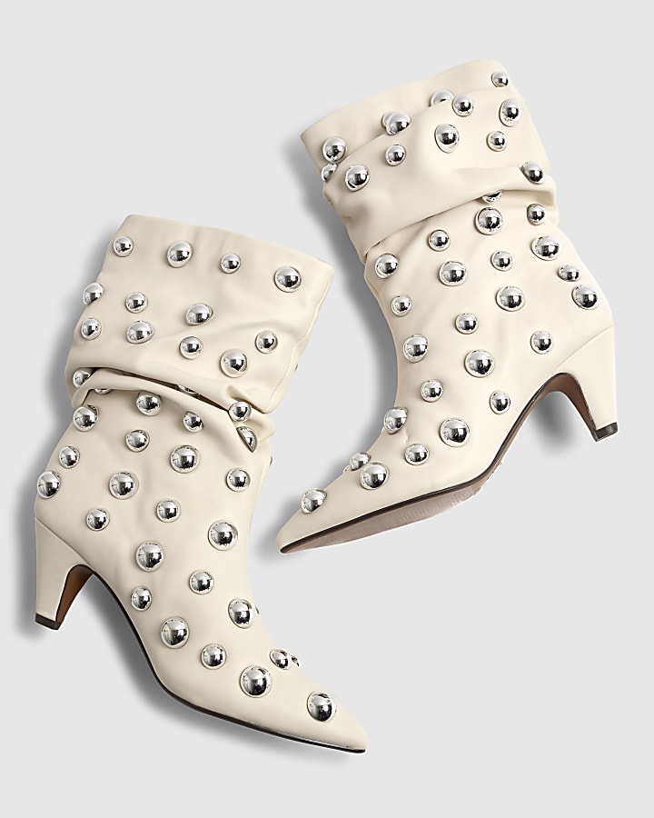 Cream Slouchy Studded Ankle Boots