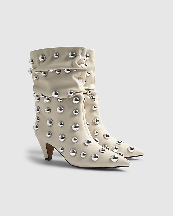 Cream Slouchy Studded Ankle Boots