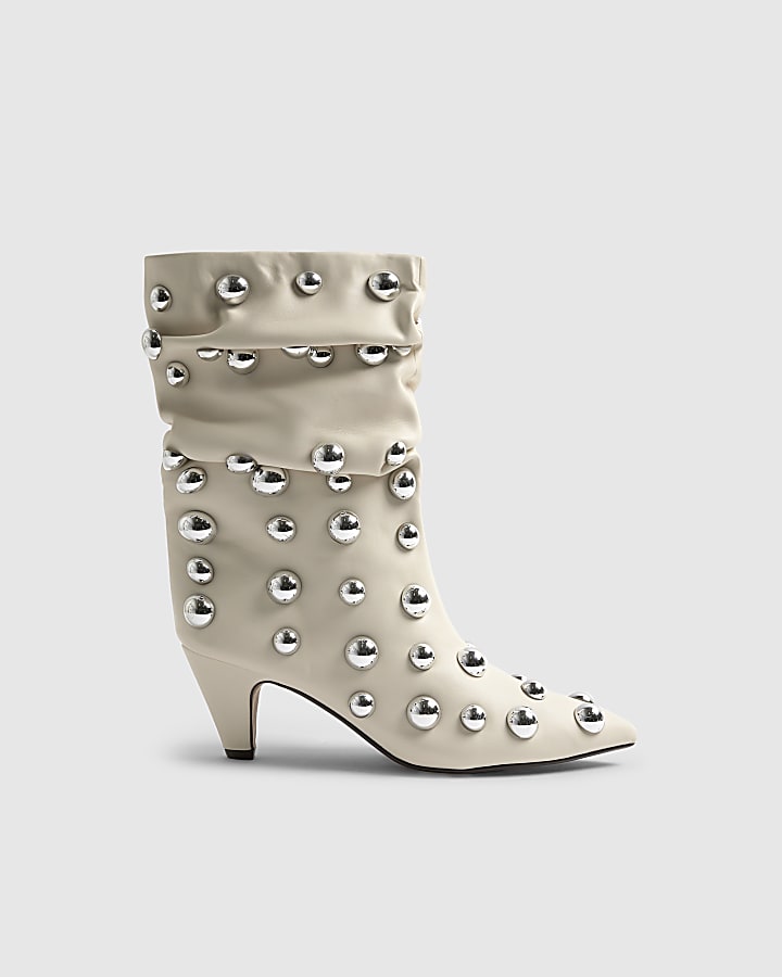Cream Slouchy Studded Ankle Boots