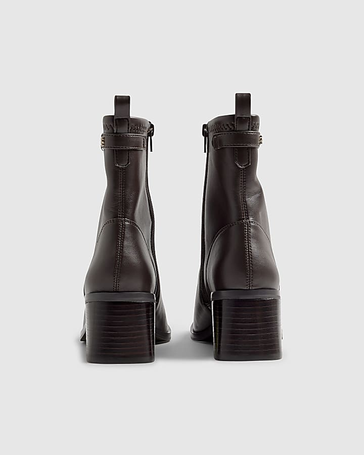 Brown Block Heel Stretch Sock Boot