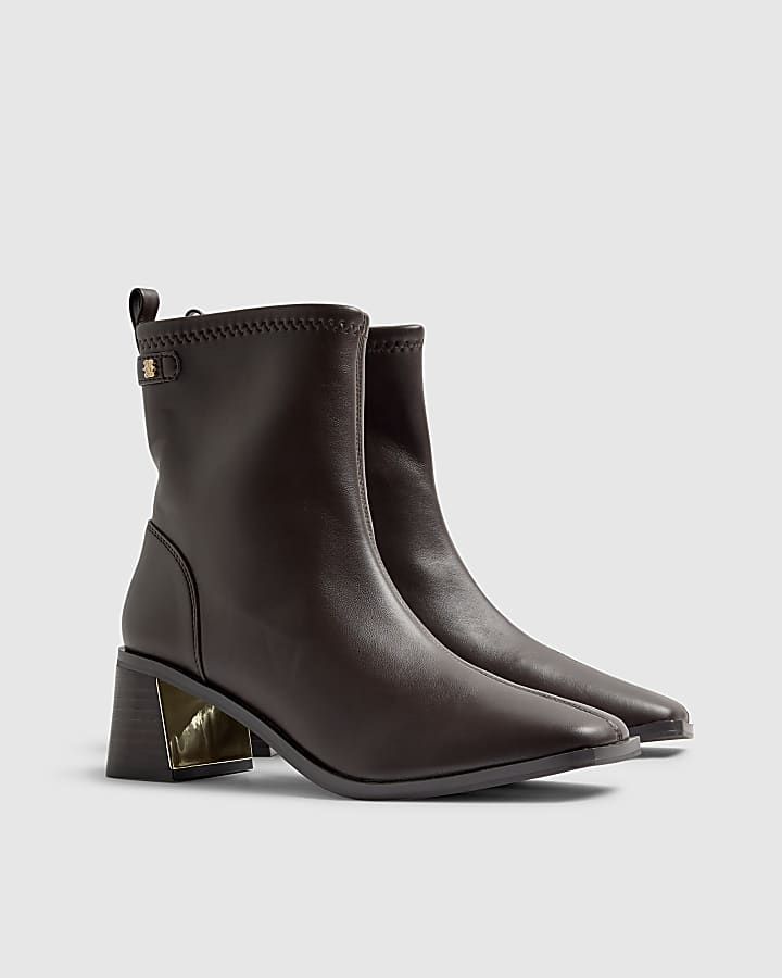 Brown Block Heel Stretch Sock Boot