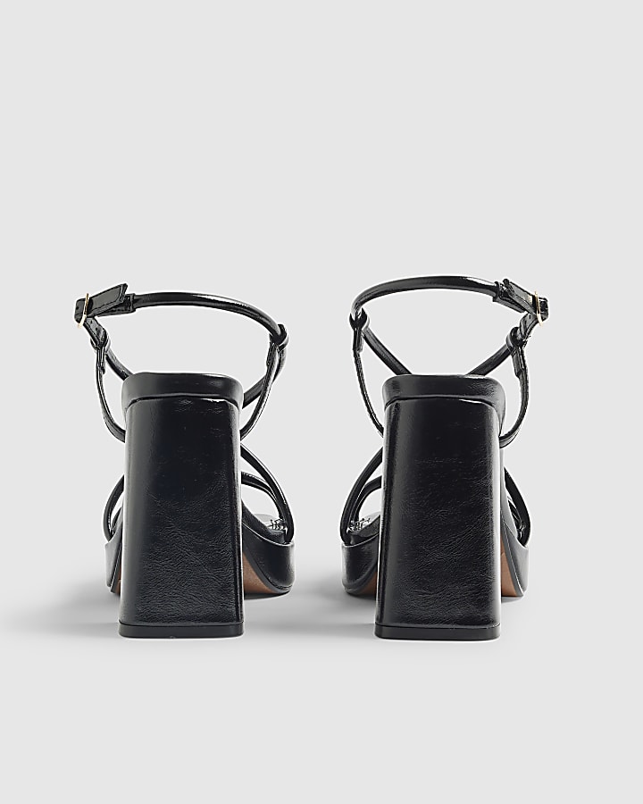 Black Triple Strap Platform Heeled Sandals