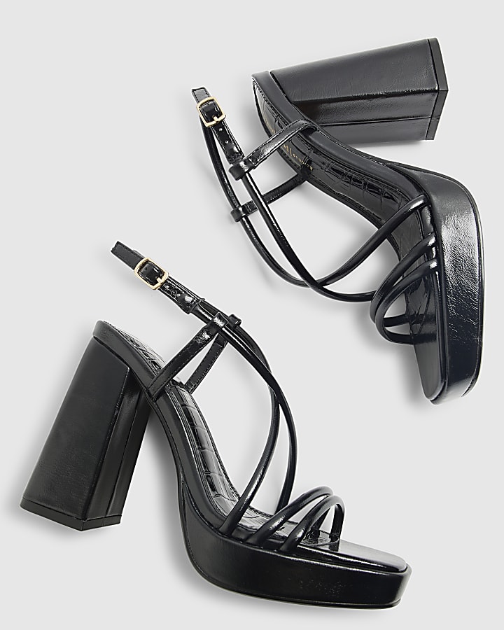 Black Triple Strap Platform Heeled Sandals