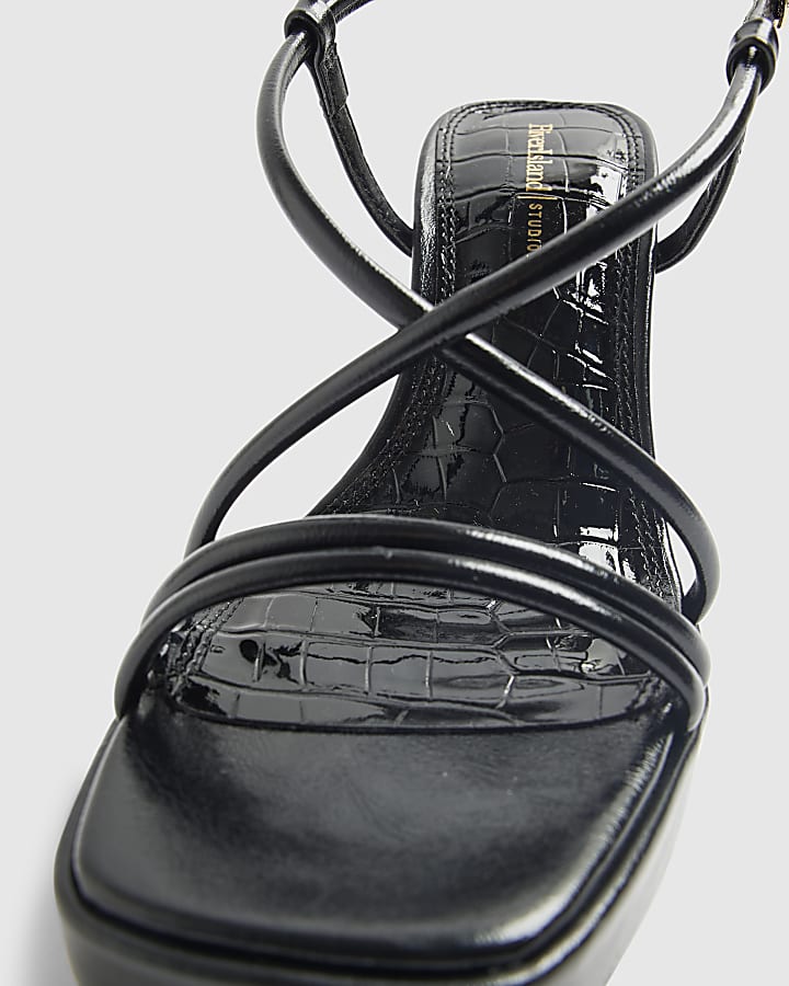 Black Triple Strap Platform Heeled Sandals