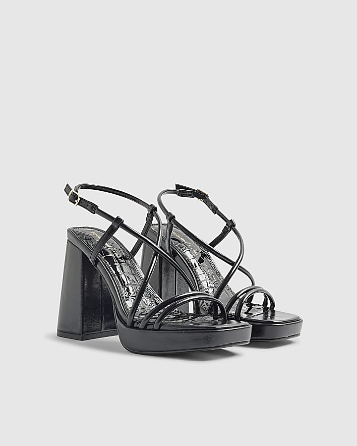 Black Triple Strap Platform Heeled Sandals