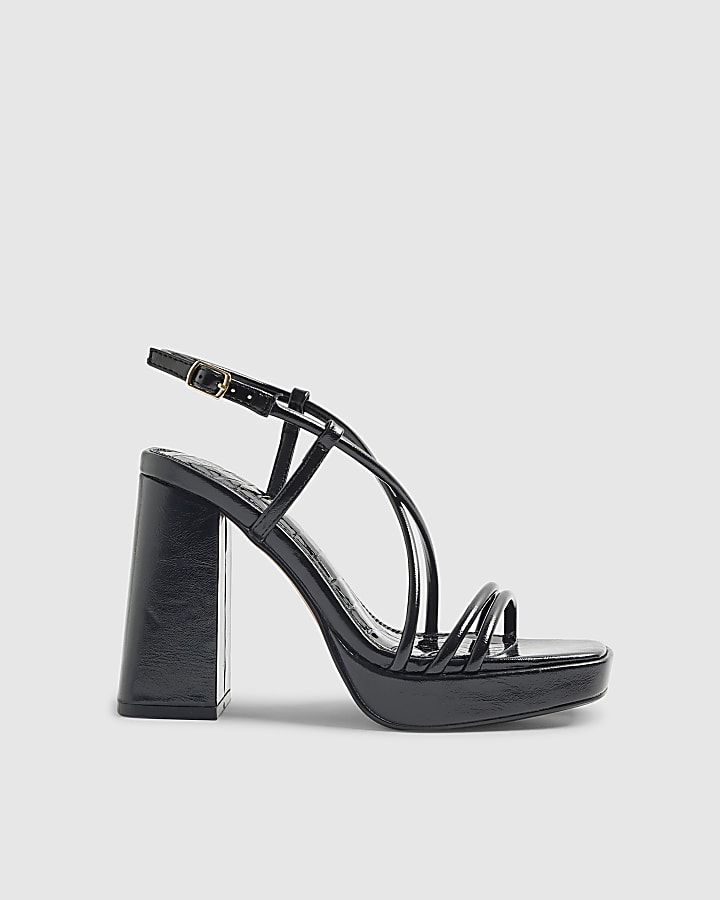Black Triple Strap Platform Heeled Sandals