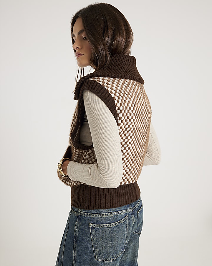 Brown Knit Check Print Sleeveless Zip Jacket