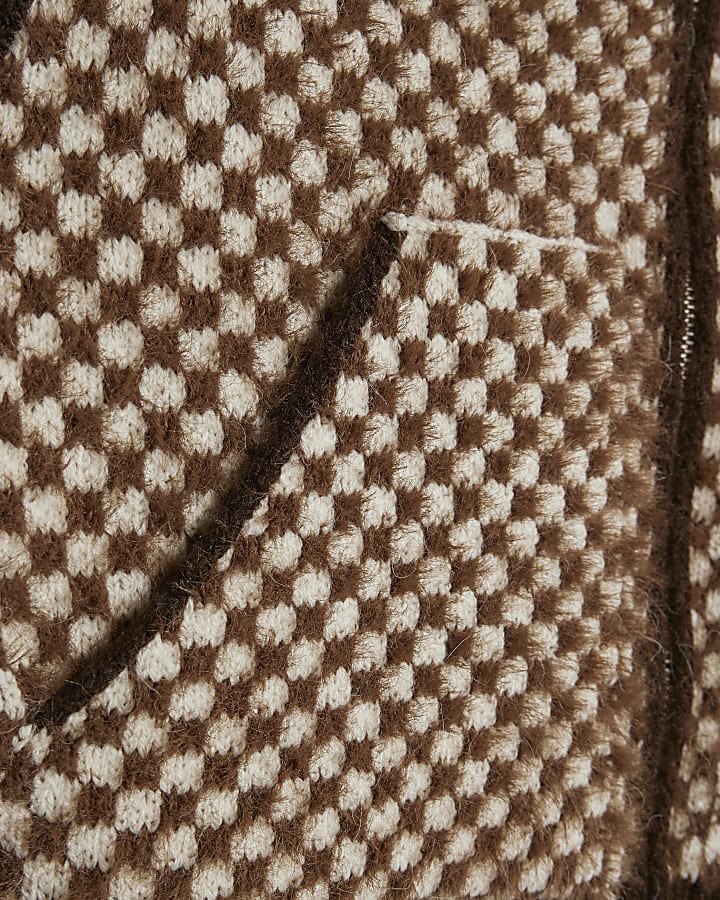 Brown Knit Check Print Sleeveless Zip Jacket