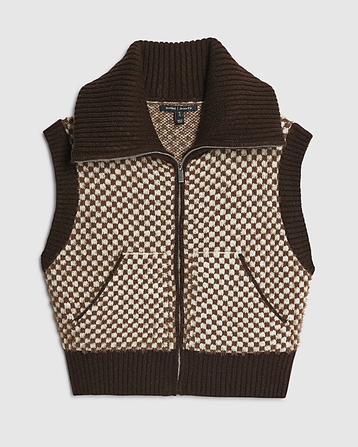 Brown Knit Check Print Sleeveless Zip Jacket