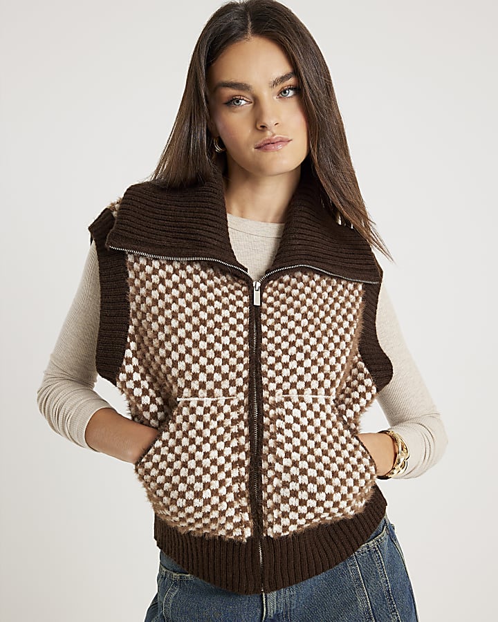 Brown Knit Check Print Sleeveless Zip Jacket