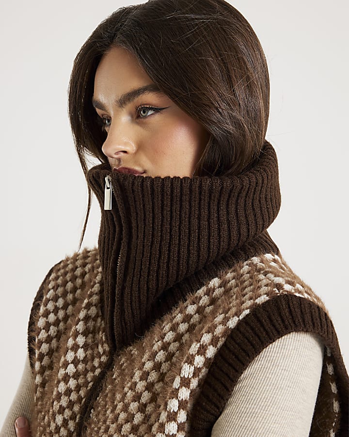 Brown Knit Check Print Sleeveless Zip Jacket