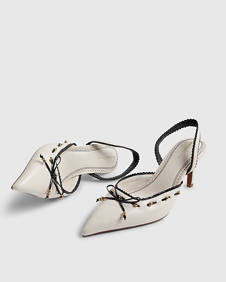 White Piped Bow Sling back Court Heels
