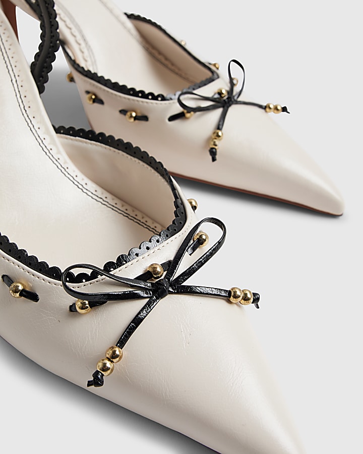 White Piped Bow Sling back Court Heels