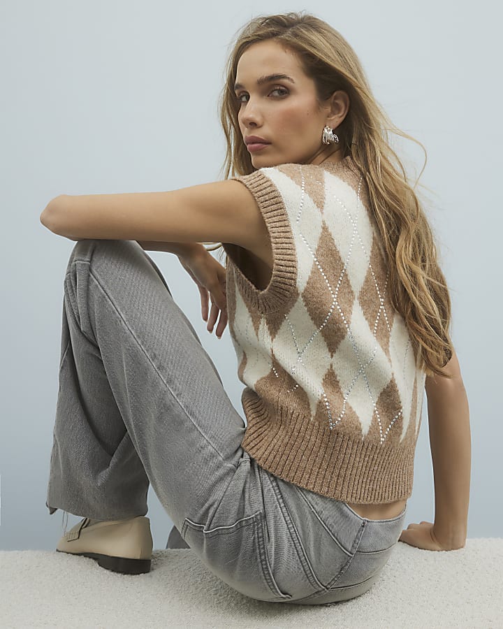 Brown Knitted Diamante Argyle Vest Top